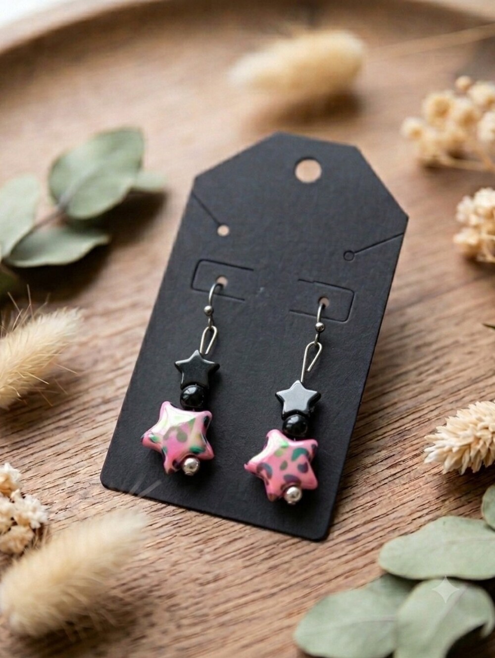 Hand Crafted Pink Leopard Star Dangle Earrings with Black Accents